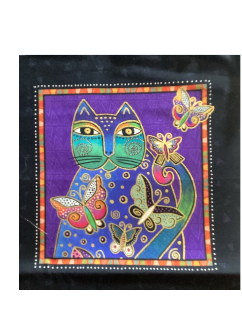 Laurel Burch Fantasticats Fabric Panel- Cat with Butterflies on Purple